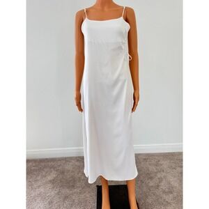 White Satin Side Cutout Midi Slip Dress Adjustable Straps Side Slit Minimalist